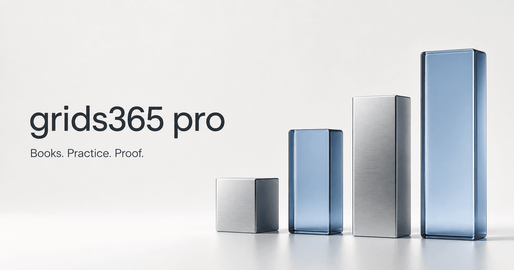 Grids365 Pro. Books. Practice. Proof. Four ascending silver and blue forms express the learning progression.